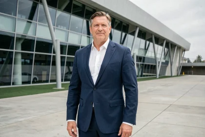 Portrait d'un ancien footballeur emblématique devant un stade moderne, illustrant la fortune et le statut d'icône populaire de Jean-Pierre Papin