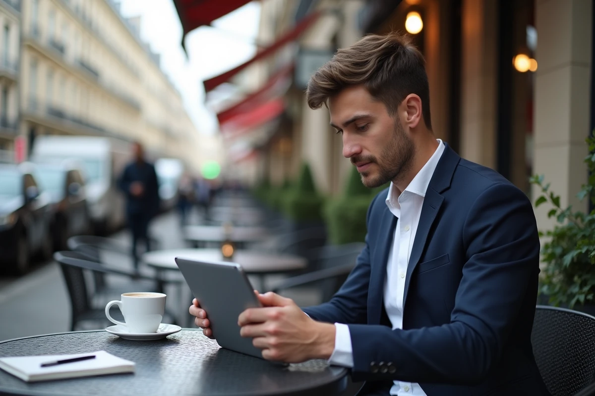 Jeune entrepreneur travaillant sur sa tablette en terrasse parisienne
