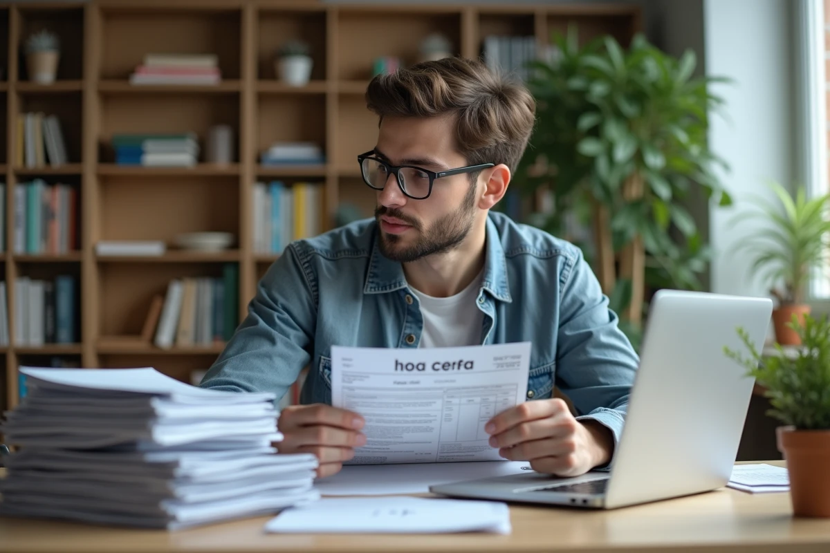 Jeune étudiant regardant un formulaire fiscal dans un appartement moderne