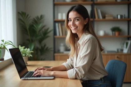Jeune femme au bureau avec ordinateur portable et ambiance chaleureuse