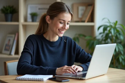 Jeune femme concentr&eacute;e travaillant sur son ordinateur dans un bureau moderne