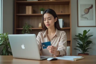 Jeune femme professionnelle utilisant un ordinateur dans un bureau moderne
