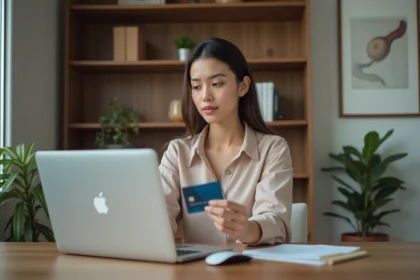 Jeune femme professionnelle utilisant un ordinateur dans un bureau moderne