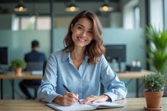 Jeune femme professionnelle écrivant dans un carnet au bureau