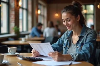 Jeune femme concentr&eacute;e &agrave; un bureau dans un caf&eacute; belge
