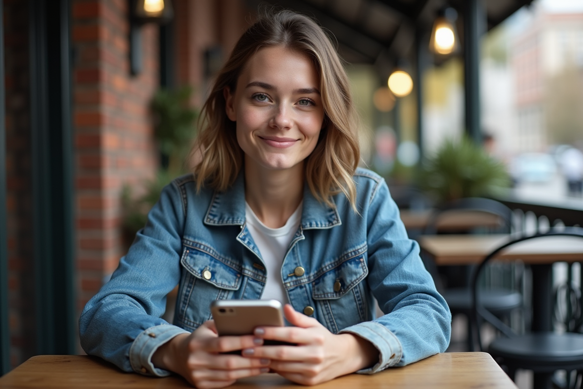 Jeune femme avec portefeuille et smartphone dans un café en ville