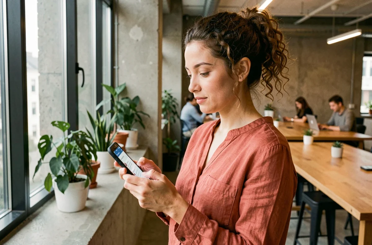 Jeune femme lisant une notification de virement sur son téléphone dans un espace de coworking, compte Nickel