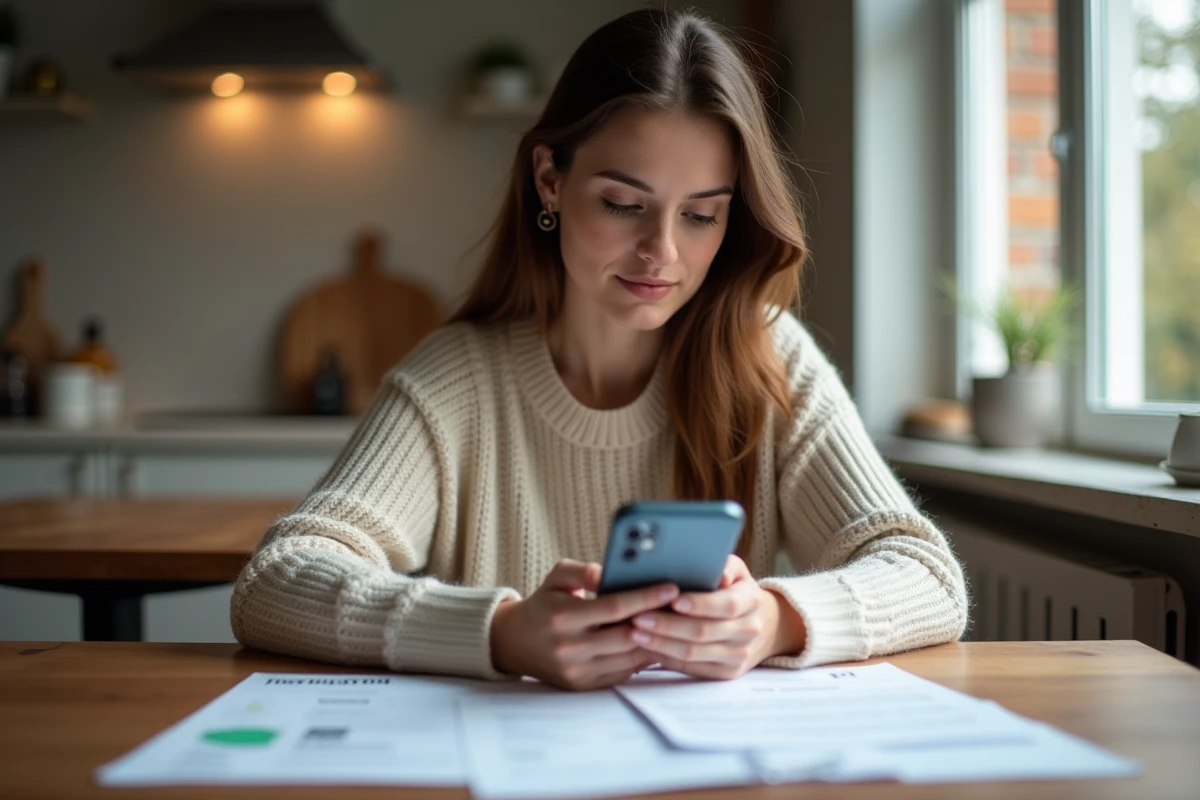 Jeune femme assise à une table de cuisine avec son smartphone et des documents d'assurance