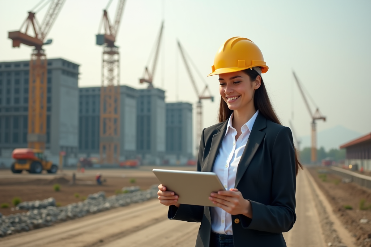 Jeune femme avec casque et tablette sur site de construction
