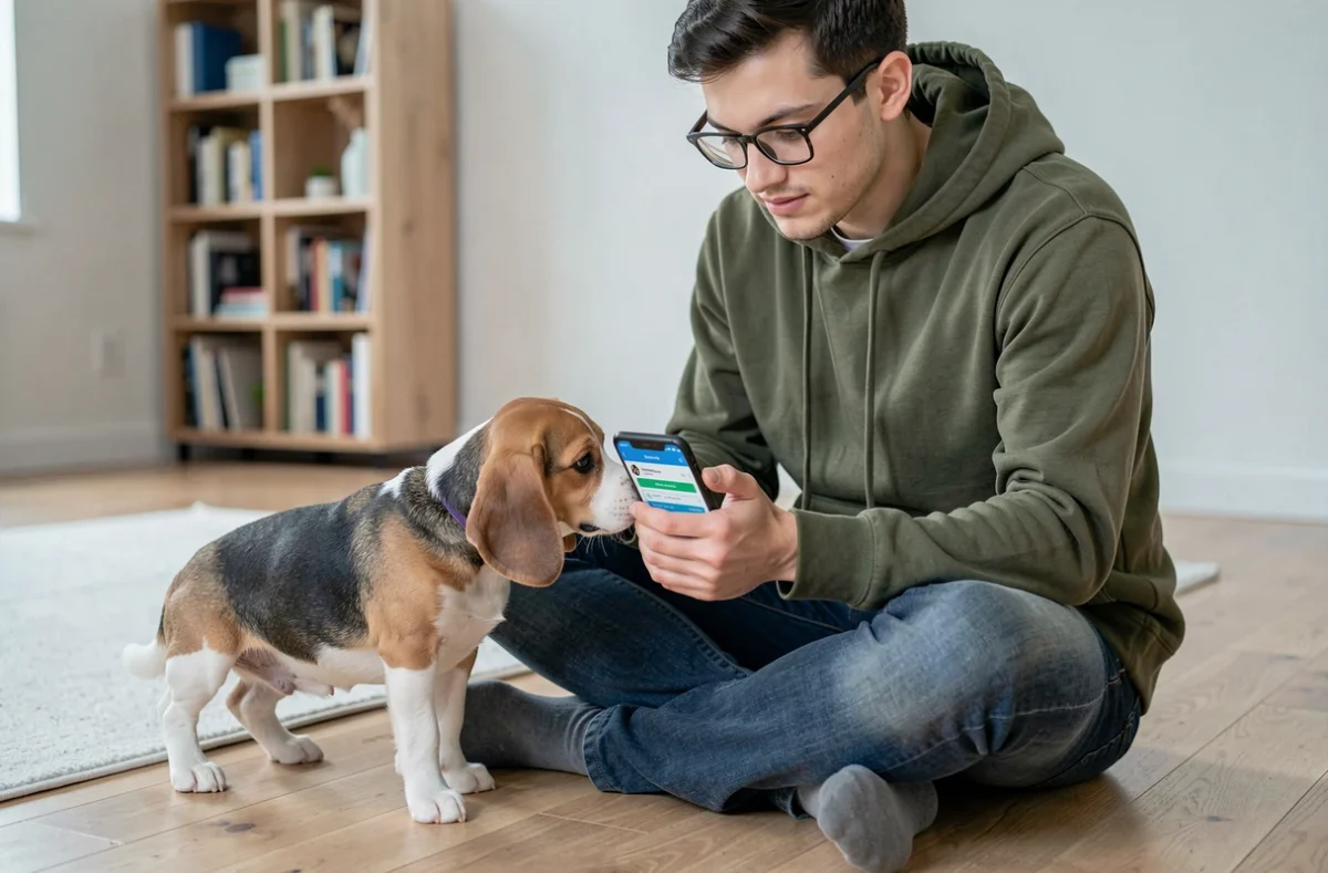 Jeune homme consultant une application de comparaison d'assurance chien avec son beagle