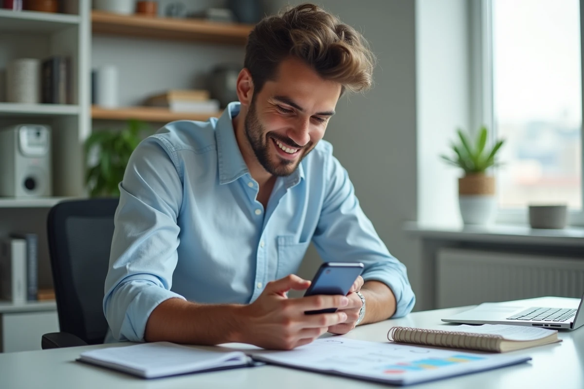 Jeune homme souriant utilisant son smartphone au bureau