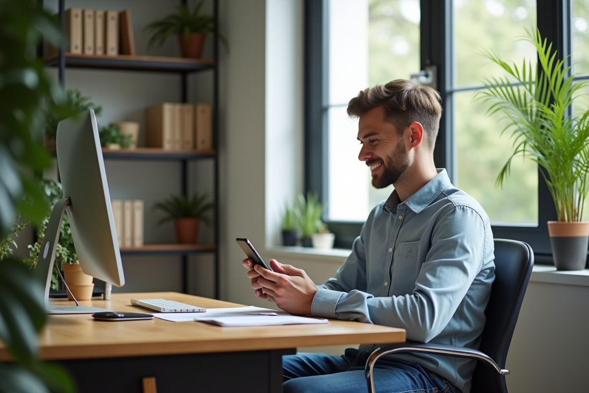 Jeune homme au bureau regardant son smartphone avec sourire