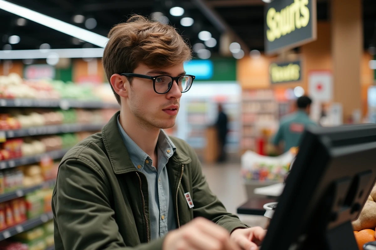 Jeune homme scannant des produits en supermarche belge