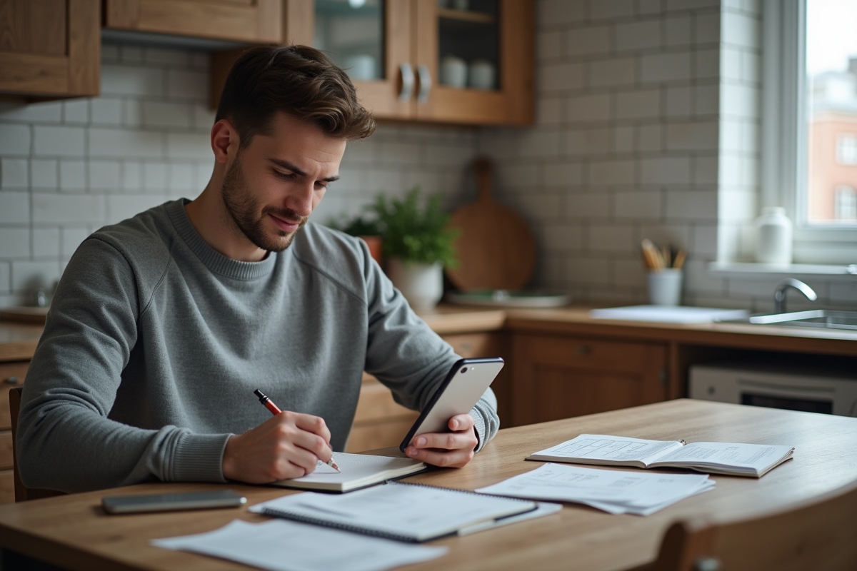 Jeune homme fait des calculs financiers à la cuisine