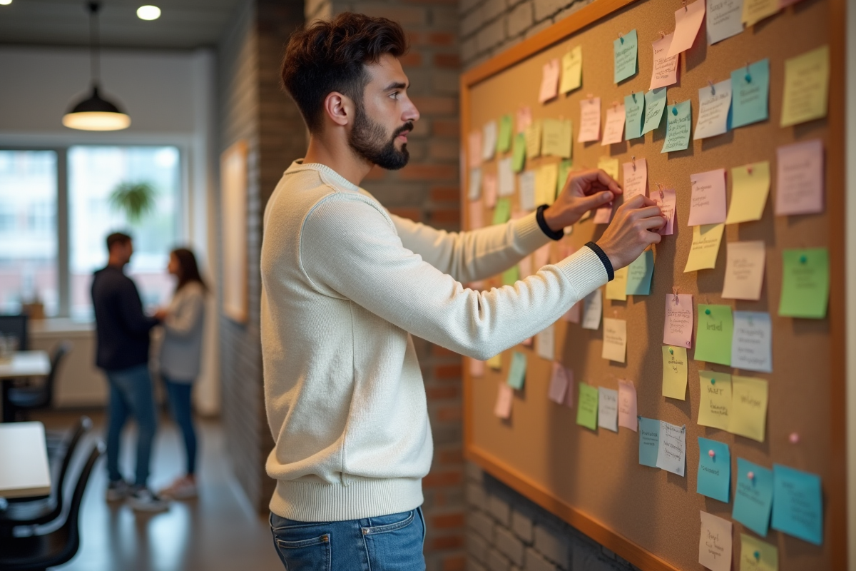 Jeune homme pinçant une note sur un tableau créatif