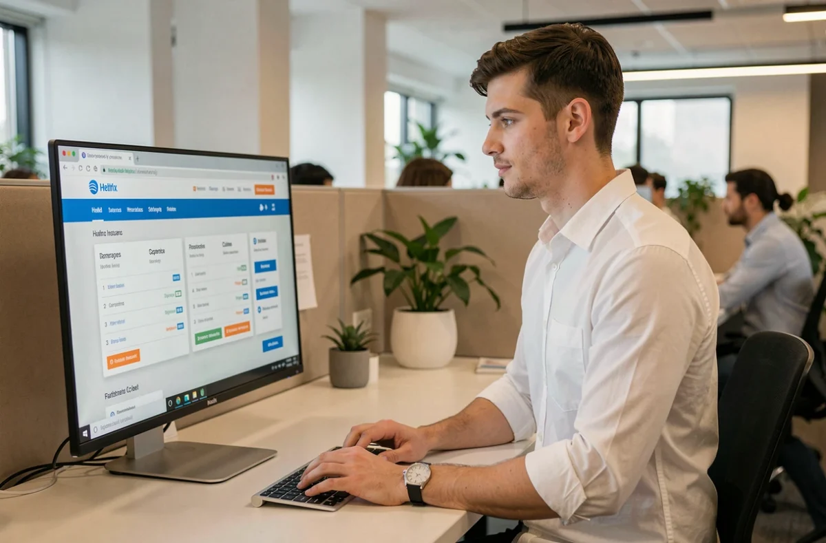 Jeune homme actif consultant une comparaison de mutuelles individuelles sur écran d'ordinateur au bureau