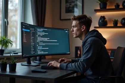 Jeune homme frustr&eacute; devant son ordinateur &agrave; la maison