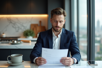 Jeune homme en costume examine des documents de prêt immobilier