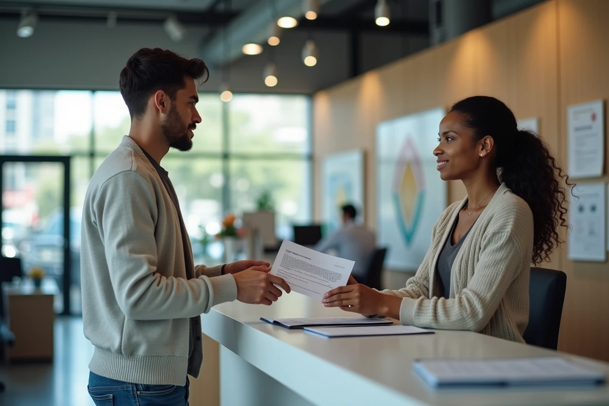 Jeune homme remettant un contrat signé à un agent d