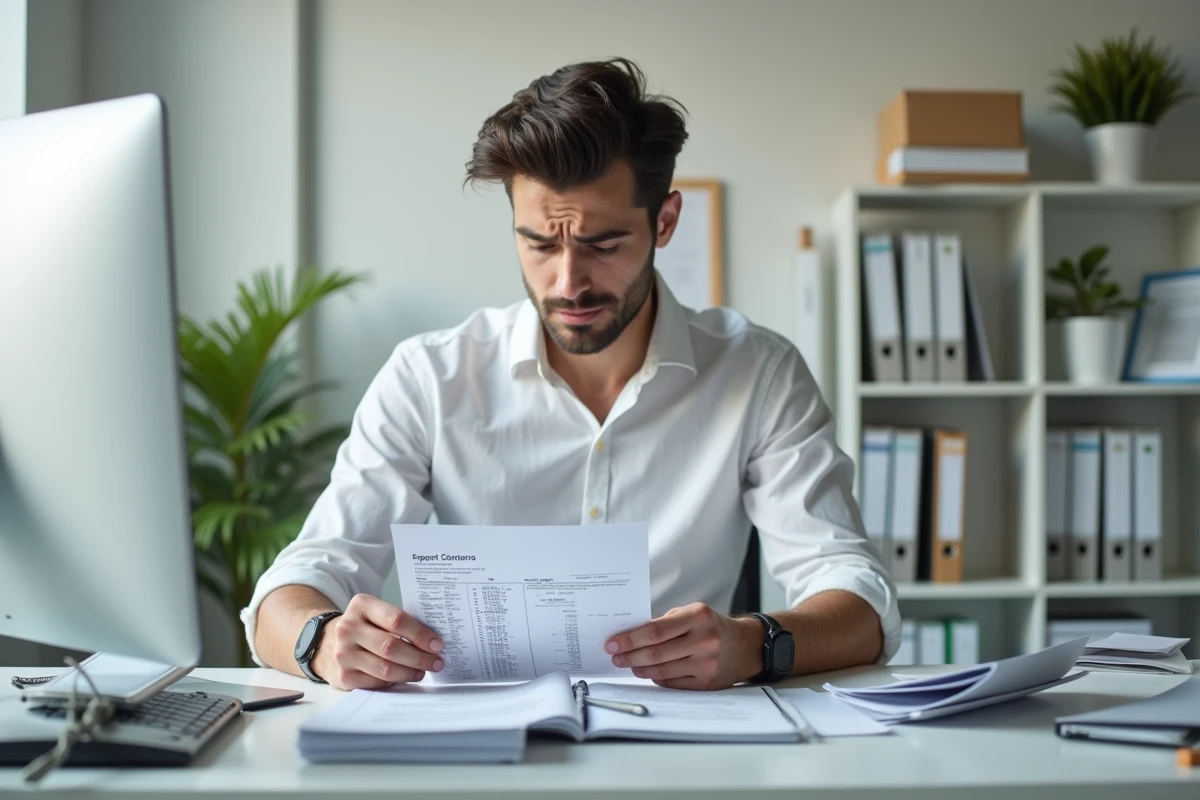 Jeune homme v&eacute;rifiant des documents fiscaux au bureau