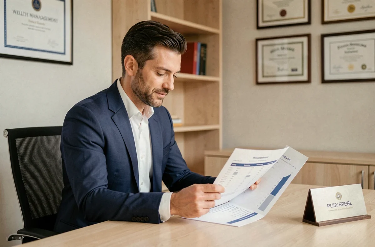 Conseiller en gestion de patrimoine de K Patrimoine analysant un dossier d'investissement dans son bureau moderne