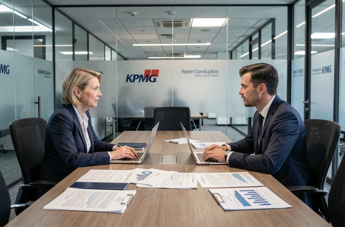 Réunion professionnelle dans les bureaux de KPMG Lille avec deux experts-comptables examinant des documents fiscaux