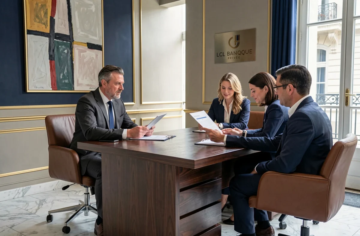 Réunion de banque privée chez LCL Banque Privée à Lyon avec un conseiller en gestion de patrimoine et ses clients dans un bureau élégant
