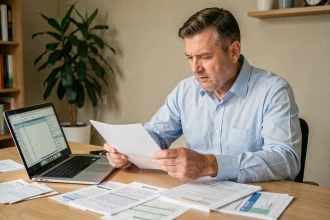 Propriétaire LMNP examinant des factures et tickets de caisse à son bureau à domicile