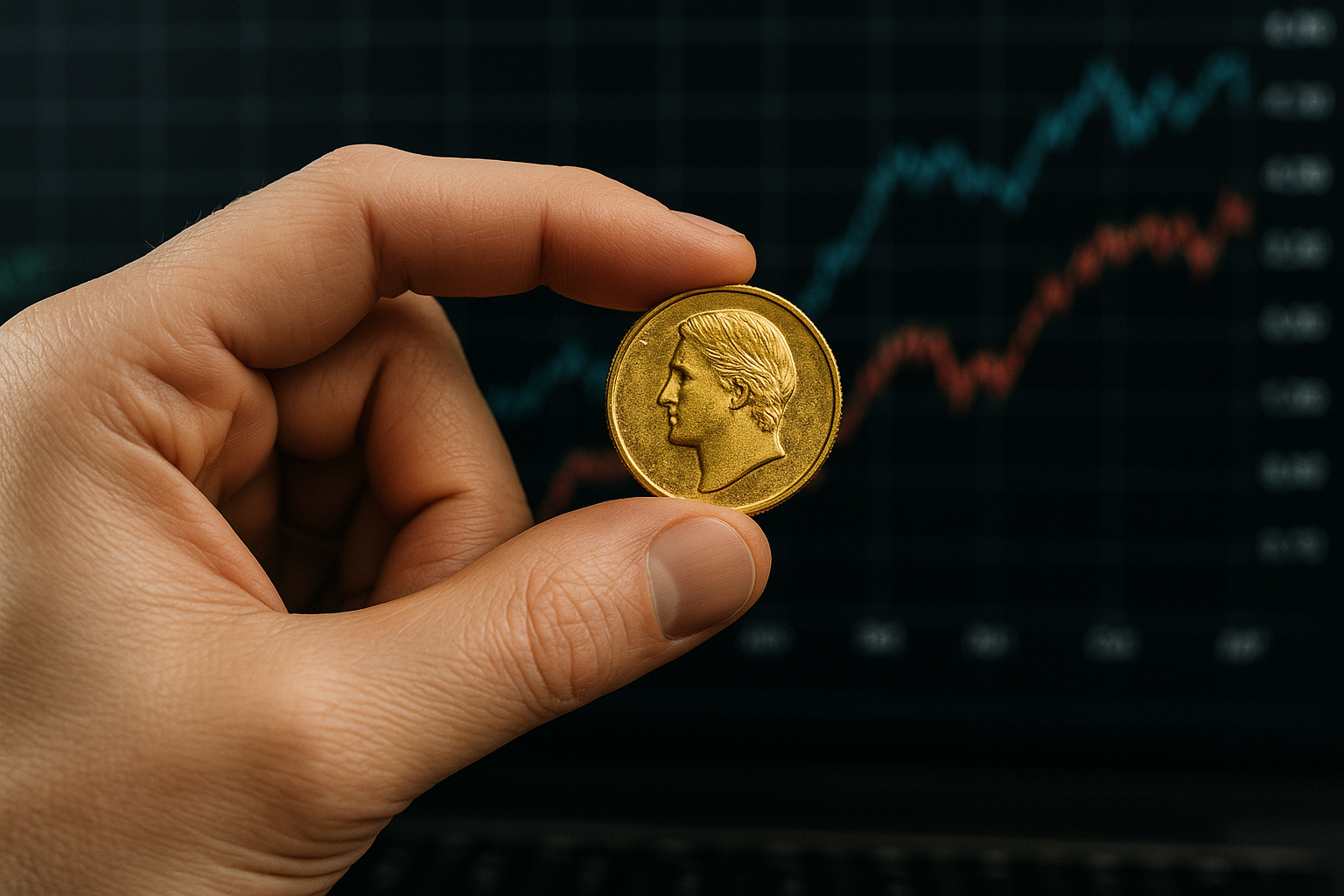 Main tenant une pièce d or avec graphique boursier en arrière-plan