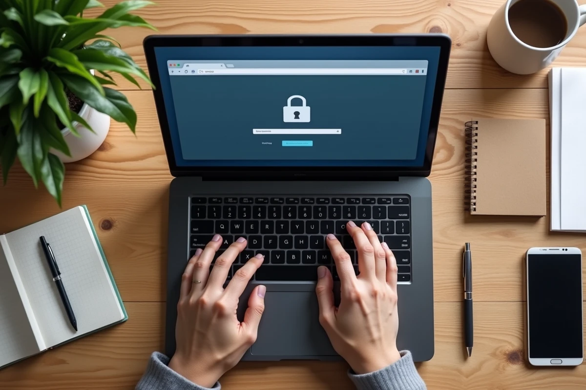 Gros plan de mains tapant sur un clavier avec une page de connexion sécurisée affichée sur l'écran