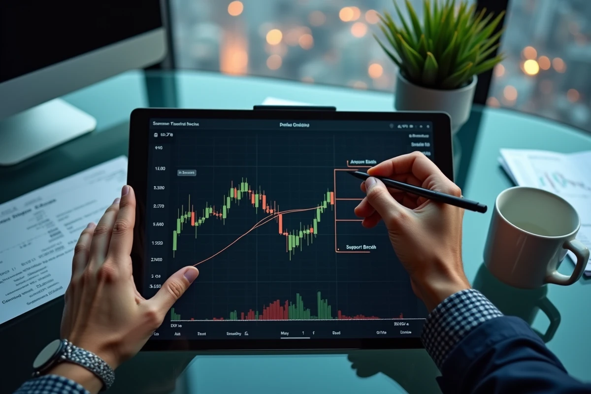Mains d'un trader professionnel annotant un graphique double bottom Bitcoin sur tablette graphique en bureau corporate