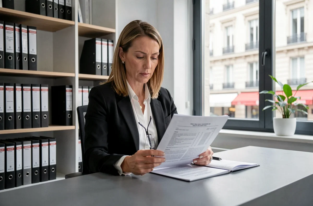 Maître Frédérique Mazurek, avocate fiscaliste, examinant un document juridique fiscal dans son cabinet moderne à Lille