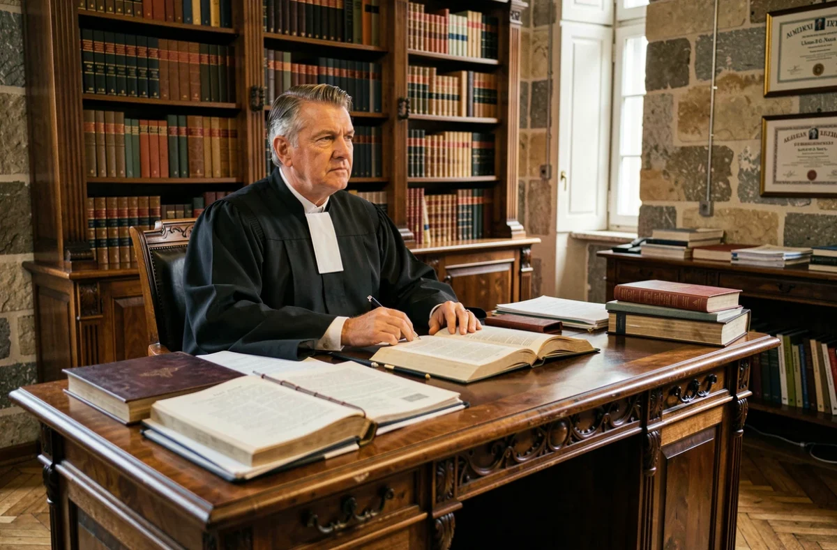 Maître Jean-Olivier Pirlet, avocat fiscaliste, dans son cabinet juridique traditionnel entouré de dossiers et de livres de droit
