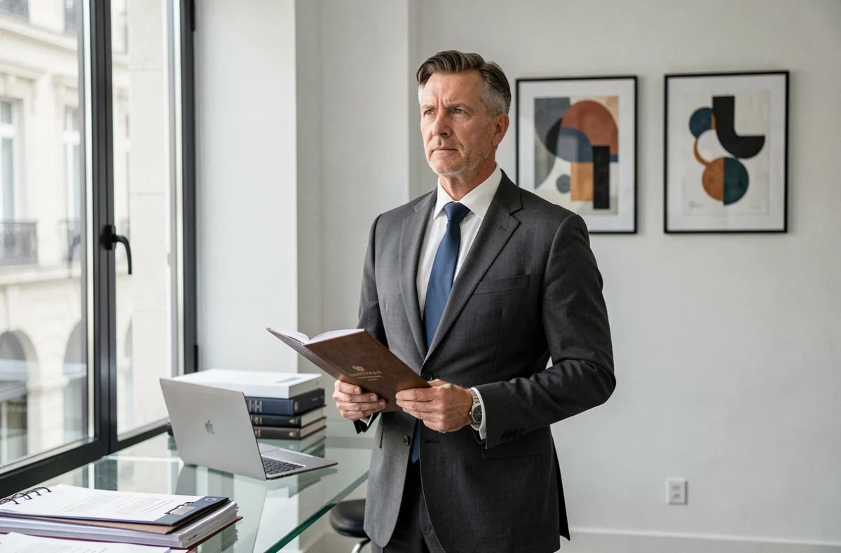 Maître Pierre-Olivier Guilmain, avocat spécialisé en droit fiscal, debout dans son bureau juridique moderne avec un dossier à la main
