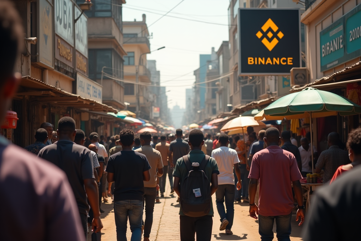 Marché animé à Lagos avec logo Binance sur un panneau numérique
