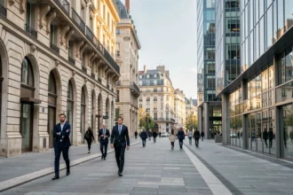 Vue panoramique d'un quartier bancaire moderne à Lyon avec façades haussmanniennes et tours en verre, symbolisant les meilleures banques en Auvergne-Rhône-Alpes