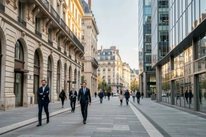 Vue panoramique d'un quartier bancaire moderne à Lyon avec façades haussmanniennes et tours en verre, symbolisant les meilleures banques en Auvergne-Rhône-Alpes