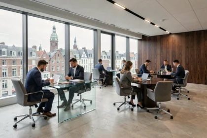 Vue panoramique d'un cabinet de défiscalisation moderne dans le Nord avec des conseillers en gestion de patrimoine travaillant dans un open-space élégant