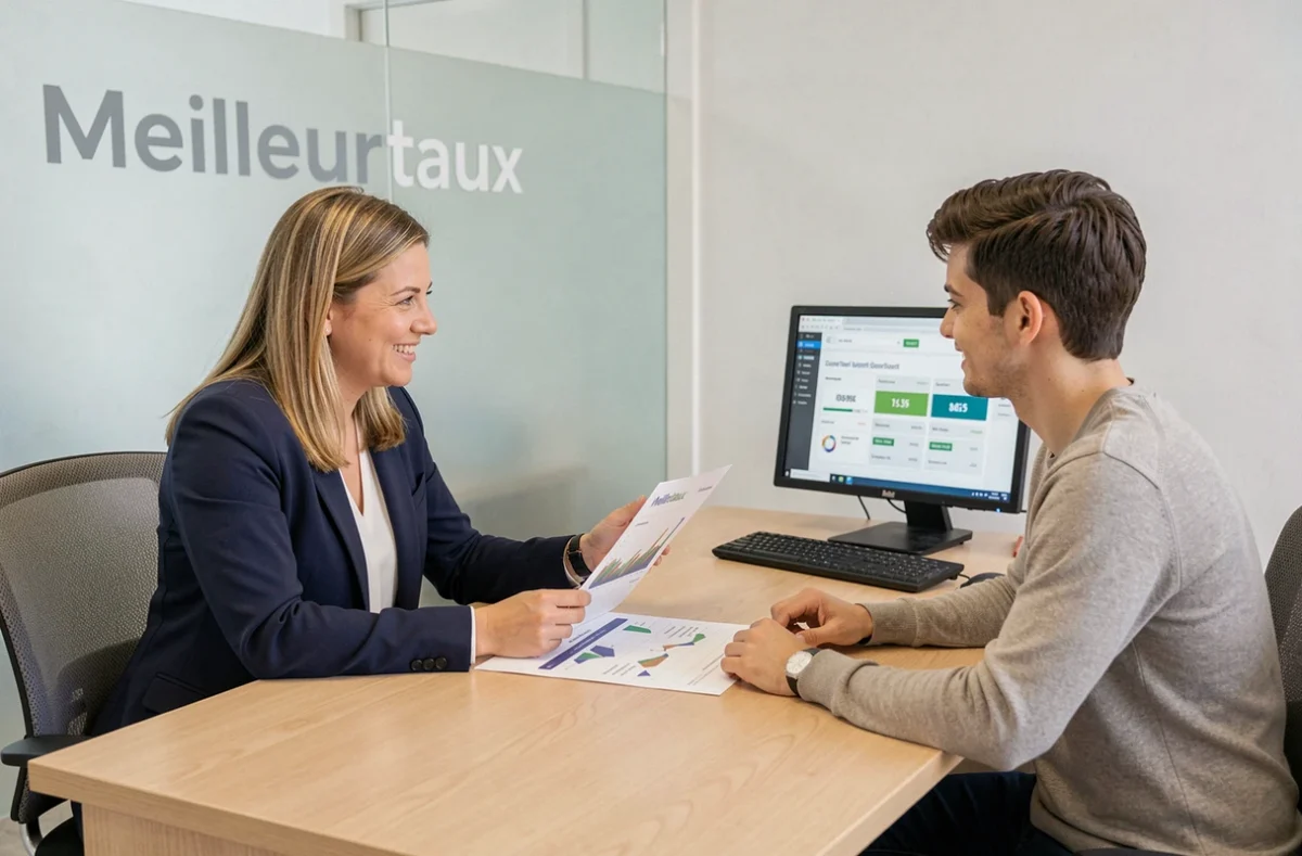 Une conseillère Meilleurtaux à Maisons-Alfort présente un comparatif de taux immobiliers à un jeune couple lors d'un rendez-vous en agence