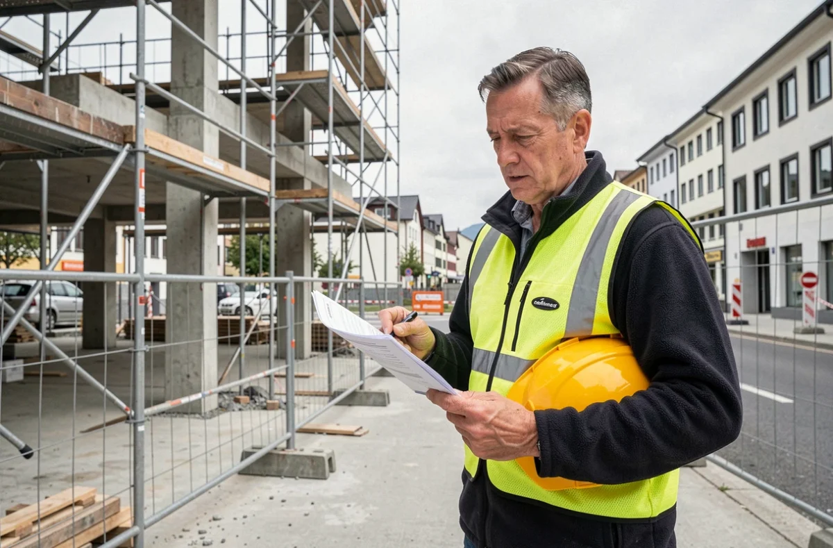 Ouvrier frontalier sur un chantier de construction en Suisse consultant son planning, représentant les métiers manuels attirés par les salaires minimum suisses