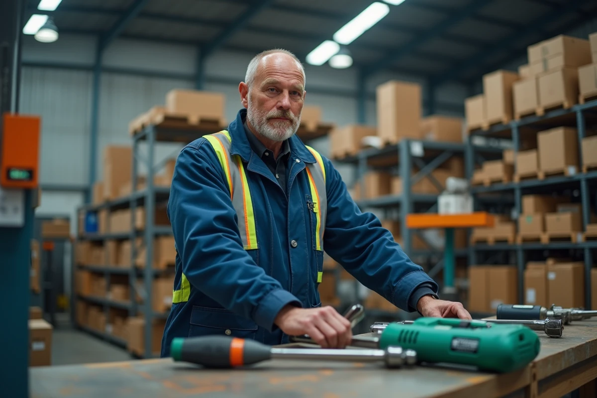 Ouvrier en uniforme manipulant des outils dans une usine