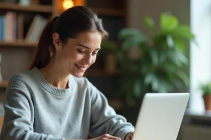 Jeune femme ouvrant un compte bancaire en ligne sur son ordinateur portable depuis son bureau à domicile