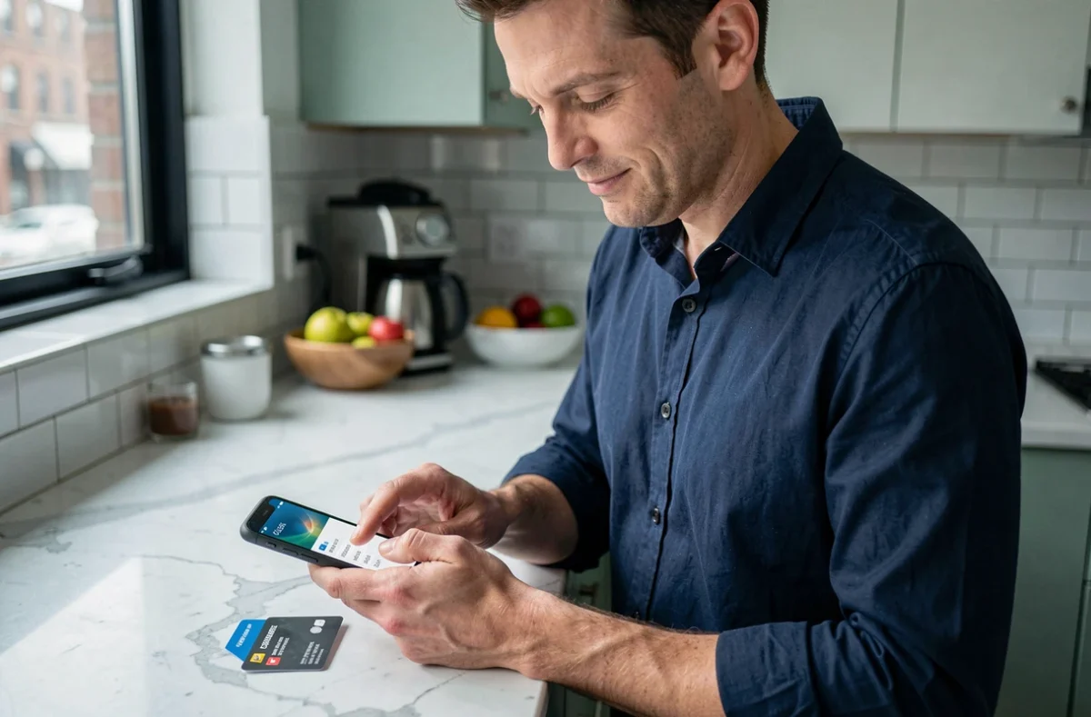 Homme effectuant un paiement sécurisé en ligne avec une carte Crédit Agricole sur smartphone dans une cuisine moderne