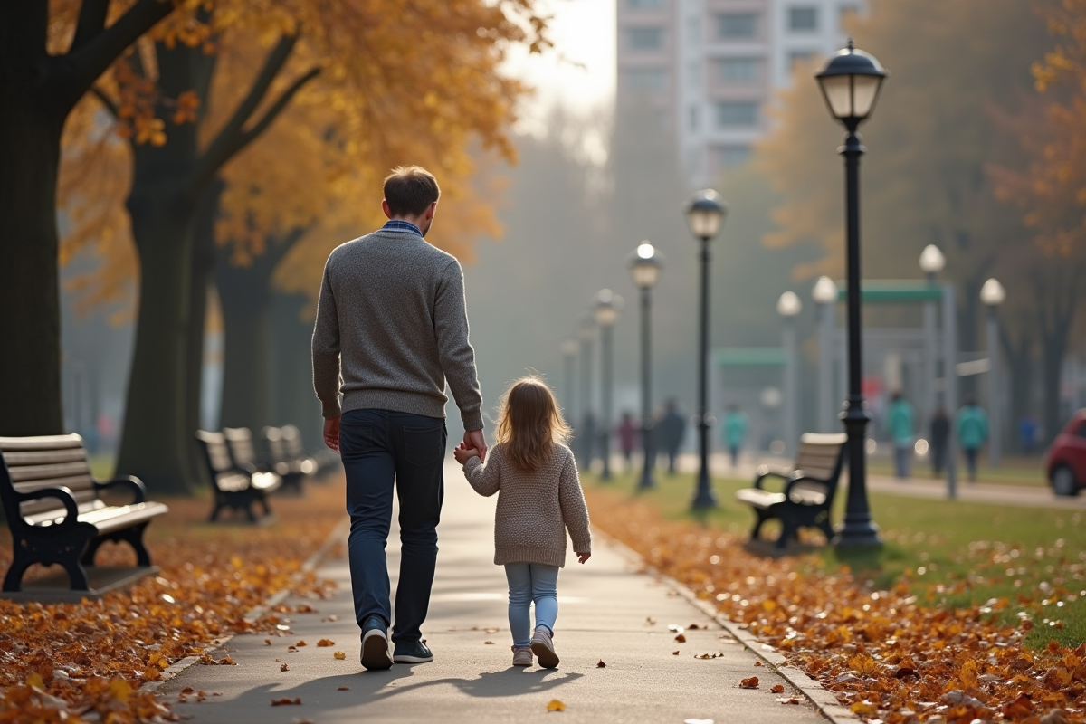Père et fille marchant main dans la main dans un parc en automne