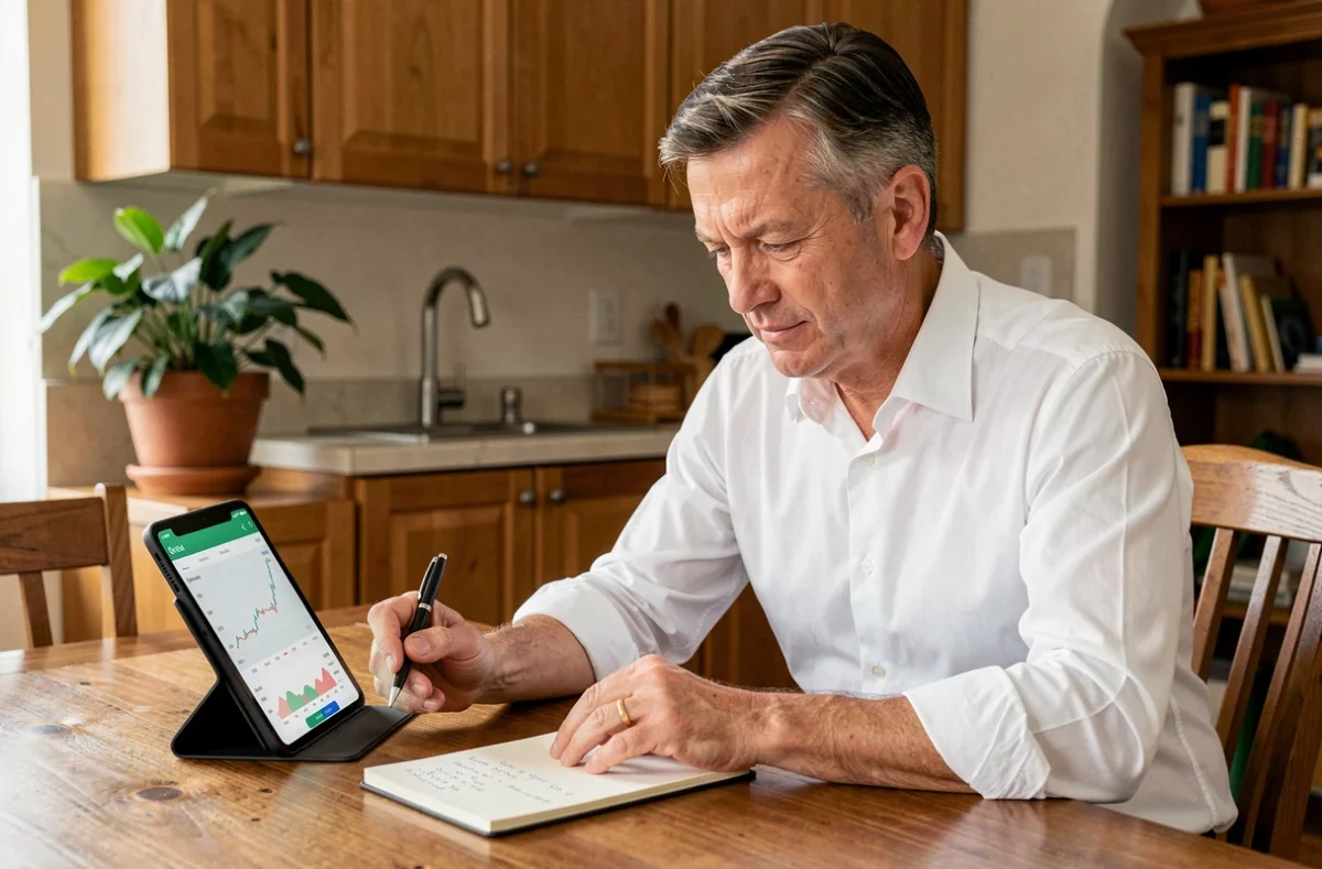 Particulier consultant une plateforme d'investissement en ligne sur tablette depuis son domicile pour vérifier la fiabilité d'un service financier