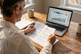 Particulier étudiant des documents d'investissement à son bureau