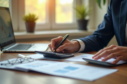 Personne utilisant une calculatrice et un bulletin de salaire à un bureau lumineux