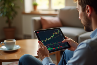 Personne utilisant une tablette avec application de trading dans un salon lumineux