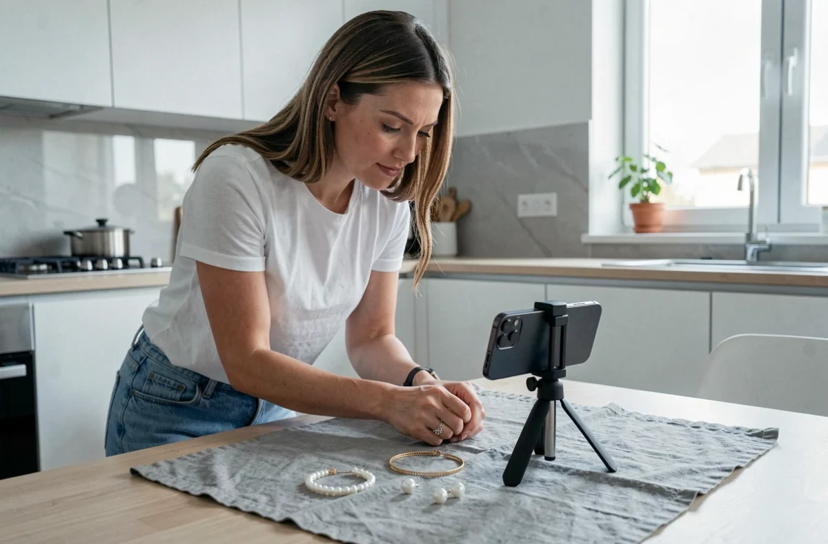 Femme photographiant ses bijoux sur un tissu en lin gris avec un smartphone pour les mettre en vente sur une plateforme en ligne