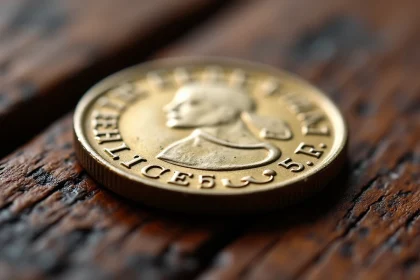 Pièce de 5 francs 1960 en gros plan sur bois ancien, détails de la Semeuse et patine naturelle visibles